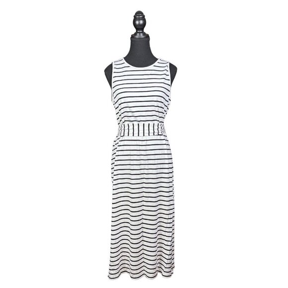 Banana Republic Black and White Striped Midi Dress – Soft Stretch, Tie Waist - Picture 1 of 7